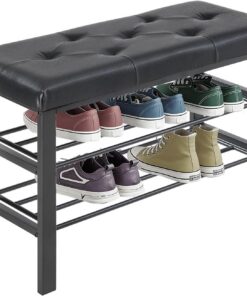 Sweetcrispy Zapatero de 3 Niveles, Zapatero con Banco, 32 x 81 x 50 cm, baúl de Piel sintética y Estructura metálica, Almacenamiento de Zapatos para salón, Entrada o Pasillo, Color Negro