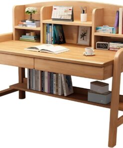 Escritorio de Madera Maciza con estantería - Banco de Trabajo for Oficina en casa con cajón, Mesa de Estudio for computadora portátil(Natural,100 * 60 * 112CM)