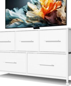 Cómoda para dormitorio con 5 cajones de tela, soporte de TV con 4 ruedas, unidad organizadora de almacenamiento para sala de estar, habitación de los niños (blanco)