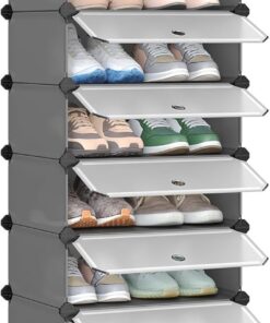 SONGMICS Zapatero Modular con 10 Compartimentos, Gris | Estantería Modular de Plástico, Cajas Zapatero DIY, Zapatero Plástico con Puerta, con Martillo, LPC010G01