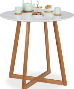 Relaxdays Mesa Comedor Redonda Nórdica, Mesa Cocina para 2, Bambú-DM, 75x80 cm, Blanco-Marrón