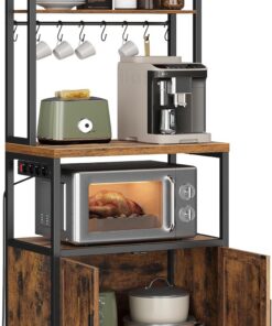 VASAGLE Estantería de Cocina con Enchufes, Altura de 90 cm, Estantería para Microondas con 8 Ganchos, 40 x 60 x 170 cm, Marrón Rústico y Negro Tinta KKS058K02