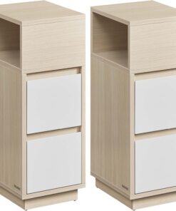 VASAGLE Kailyn Colección - Juego de 2, Mesita de Noche Estrecha, Mesa Auxiliar con 2 Cajones, Encajable a la Izquierda o a la Derecha, Dormitorio, Salón, Beige Natural y Blanco Nube LET856N01V1 | Mesas con 2 cajones y compartimento hacia la izquierda o derecha, beige natural y blanco nube, LET856N01