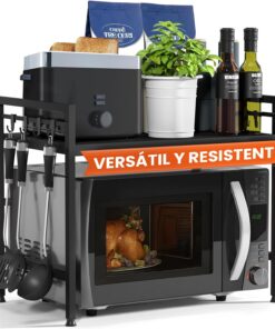 Heldenwunder Estantería Microondas Estantes Cocina Acero (2 Niveles) | Mueble Microondas Horno Estanterias Almacenaje Organizador Estante Panadería Ajustable + Instrucciones en Vídeo, Ganchos – Negro