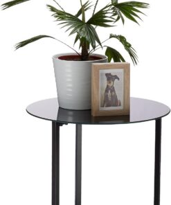 Relaxdays Mesa Auxiliar Redonda, Cristal-Metal, Negro, 51 x 50 x 50 cm