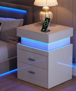 ChooChoo Mesita de noche LED con estación de carga y almacenamiento deslizante | Mesita de noche con 2 cajones de almacenamiento deslizante, de alto brillo, moderna para dormitorio, color blanco