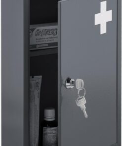 Relaxdays Armario Botiquín con Cruz y Cerradura, 2 Compartimentos, 32 x 21,5 x 9,5 cm, para Medicamentos, Gris y Blanco