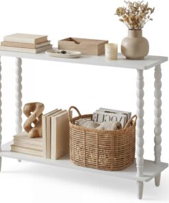 HOOBRO Mesa de Consola de 100 cm de Largo, Mesa de Entrada de 2 Niveles, para Colocar detrás del Sofá, con Patas de Madera Maciza y Marco Atornillado, para Pasillo, Vestíbulo, Blanco EWT105XG01