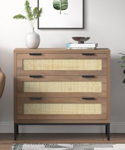 Cómoda de ratán para cajones de dormitorio, para ropa, antivuelco, cómoda de madera, mesita de noche grande, armario de almacenamiento con patas de metal para sala de estar, pasillo, guardería