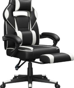 SONGMICS Silla de Oficina, Silla Gaming Ergonómica, con Reposapiés Telescópico, Respaldo Ajustable, Reposacabezas y Soporte Lumbar, Carga de 150 kg, Negro Tinta y Blanco Nube OBG73BW