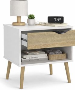 WELL HOME MOBILIARIO & DECORACIÓN Mesita de Noche, Mesa Auxiliar Tajo con 1 cajón, Color Blanco y Roble Patinado 51 x 40x 50 cm