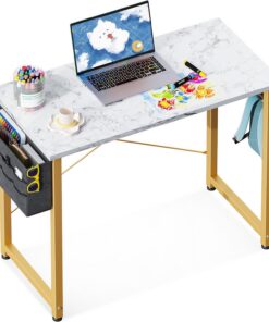ODK Escritorio de Estudio, Madera de ingeniería, Mármol Blanco + Pata Dorada, 32 Inch