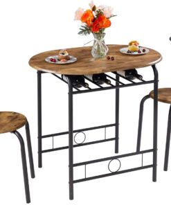 VECELO Juego de mesa de comedor de 3 piezas para cocina, rincón de desayuno, mesa ovalada de grano de madera y marco de metal con estante de vino integrado, para espacios pequeños, 31.5 pulgadas,