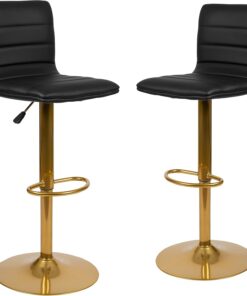 Flash Furniture Vincent - Taburete de Bar Ajustable de Vinilo Negro Moderno con Respaldo, Taburete Giratorio de Altura de mostrador con Base de Pedestal Dorada, Juego de 2 | Altura de mostrador, moderno, base de pedestal, tapicería de vinilo