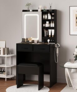 Escritorio LED con estación de carga, mesa de tocador de maquillaje con 3 modos de luz, taburete de almacenamiento acolchado, 2 cajones, estantes abiertos, control táctil, tocador moderno