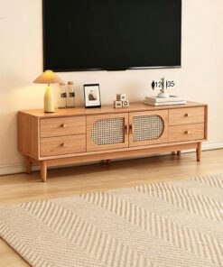 Mueble for TV con Puerta de Ratán, 4 Cajones y Gabinetes de Almacenamiento | Se Adapta a Televisores de 55 A 105 Pulgadas, Mesa Consola Multimedia de Centro de Entretenimiento(160cm/63in)