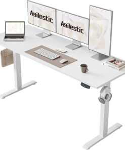 Agilestic - Escritorio de pie eléctrico, 152,4 x 61 cm, altura ajustable, para trabajo, oficina, hogar, mesa de ordenador ergonómica con memoria preestablecida, color blanco