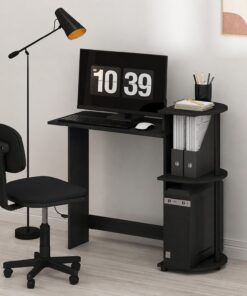 Furinno Escritorio compacto negro de 29 pulgadas para computadora, escritorio para juegos con estantes, escritorio de oficina con estante para libros, para oficina en casa, sala de estudio, dormitorio