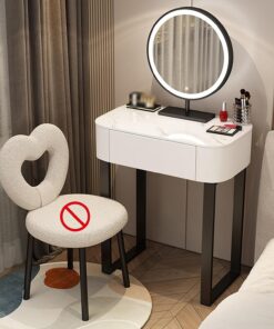 Tocador de Madera Maciza con Cajones, Mesa de Maquillaje con Espejo e Iluminación LED, Escritorio para Computadora con Encimera de Piedra y Patas de Hierro(White,60cm/23.6in)