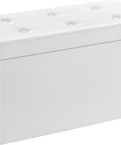 SONGMICS Puff Almancenaje, Banco Almacenaje, Capacidad de 80 L, Capacidad de Carga 300 kg, Tapizado PVC, Acolchado, para Sala de Estar, Dormitorio, Entrada, Blanco LSF106