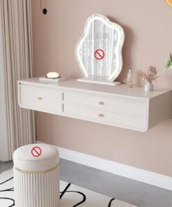 Mesa de tocador de pared de madera 3 cajones, mesa de maquillaje flotante | Tocador blanco moderno para espacios pequeños, escritorio portátil con estante, esquinas redondeadas(80cm/31.5in)