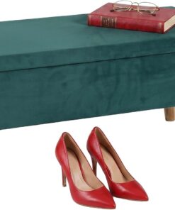 Relaxdays Banco con Espacio de Almacenamiento, tapizado de Terciopelo, 40 L, Acolchado, Patas de Madera, Pasillo, Banco baúl para 2 Personas, 41 x 80 x 40 cm, Verde Oscuro