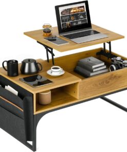 MEUBLE Cosy Mesa de Centro Elevable Mesitas Salón para el café Sofá con Espacio y Bolsillo de Almacenamiento, Estructura de Metal, Estilo Industrial, Marrón Claro, 100x50x45cm