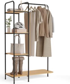 Newlux-Burro Ropa Resistente Hasta 35kg Hangy Wood 400 con Zapatero. Perchero Burro Ropa Metálico con Gran Estabilidad | Fácil Montaje | Base Antirayaduras | Incluye 4 estantes (492x42x150cm)|Negro