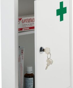 Relaxdays Armario Botiquín Puerta con Cruz, Cerradura, 2 Compartimentos, 32x21,5x8 cm, Caja Medicinas Colgante, Blanco