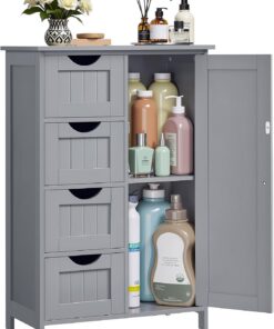 VASAGLE Armario de Baño, Mueble de Baño Estrecho, Cómoda de Baño, Cajonera con 4 Cajones, Armario con Puerta, Estante Ajustable, 30 x 55 x 82 cm, Gris Paloma LHC041P36