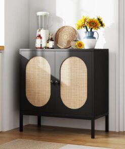 Aparador de ratán bohemio para bufé, almacenamiento de madera de doble capa, puertas y estantes, consola decorativa para entrada, sala de estar, comedor, cocina, pies de metal liso, negro, 31.5 x 15.7