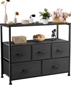 DUMOS Cómoda con cajones – cómoda y aparador para Dormitorio, Armario de Cocina con 5 cajones, Mueble de TV con Marco de Acero Estable, Ideal para Dormitorio, salón (Negro)