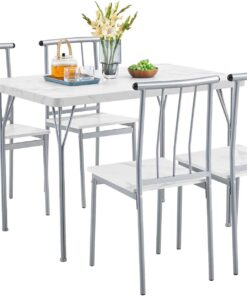 Yaheetech Juego Mesa y 4 Sillas de Comedor Madera y Metal 110X70 cm Blanco | Conjunto Mesa y 4 Sillas de Comedor, Tablero de 4 cm, Sillas Apilables, Estilo Industrial,para Cocina Pequeña, Terraza