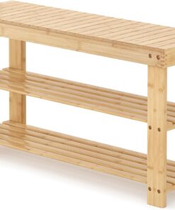 Sweetcrispy Zapatero sofá, organizador de almacenamiento de entrada de bambú de 3 niveles, capacidad de 300 kg, soporte para zapatos para puerta de entrada, dormitorio, sala de estar, baño, balcón, 35
