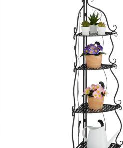 Relaxdays Estantería Esquinera 4 Baldas, Librería Metal, 113x30x30 cm, Plantas, Flores, Adornos, Estilo Vintage, Negro