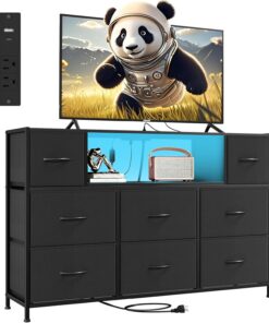 Somdot Soporte de TV para dormitorio, cómoda para dormitorio para TV de 55 pulgadas con estación de carga y luces LED, mesa consola multimedia con 8 cajones, estante abierto, patas ajustables, muebles