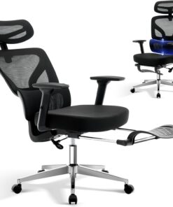 Garvee Silla Escritorio Ergonómica con Base Metálica Sin Color | Con Soporte Lumbar Ajustables,Reposacabezas y Apoyabrazos,Malla Giratoria,Reclinable y Móvil,Carga máx. 136 kg,Con reposapié