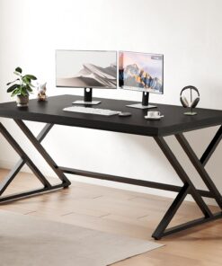 LVB Escritorio negro para computadora, moderno escritorio de computadora para juegos para oficina en casa, mesa de trabajo de estudio de computadora de metal para dormitorio, escritorio de estación de