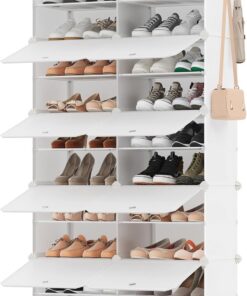 SONGMICS Mueble Zapatero Plástico, 10 Compartimentos para 40 Pares de Zapatos, con Puertas, Estructura de Acero y Estantes de Plástico, Armario para Dormitorio, Blanco Nube LPC035W02