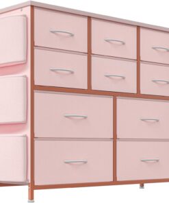 Zstar Cómoda para Dormitorio con cajones, Armario de Almacenamiento de Tela con Marco de Metal, decoración Moderna, Tablero de Madera con 10 cajones, para Dormitorio, Pasillo, Rosa