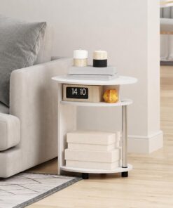 Furinno Jaya - Mesa Auxiliar Redonda con Estante Inferior, Mesa Auxiliar Blanca, mesita de Noche, mesita de Noche para Sala de Estar, Dormitorio, Oficina en casa, Madera Blanca
