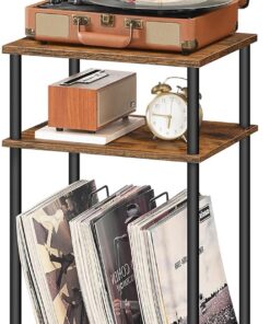 HOOBRO Mueble Tocadiscos de 3 Niveles, Mesa para Discos de Vinilo con Separador Extraíble, para Discos, Mesa Auxiliar de Estilo Industrial, para CD, Álbumes, Marrón Rústico y Negro EBF02RS01