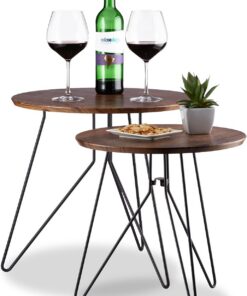 Relaxdays Juego 2 Mesas Auxiliares Vintage Redondas, DM-Metal, Marrón, 48 y 40 cm de diámetro