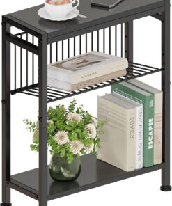 Mesa Auxiliar Estrecha 3 Estantes,Mesita de Noche Estrecha con Soporte para Revistas, Mueble Auxiliar para Sofá Centro Pequeña para Sala de Estar Dormitorio Cocina Balcón Oficina Negro