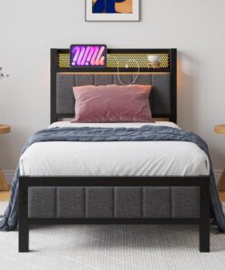 Marco de cama con LED, estación de carga, cama individual de invitados, cama de metal, cama tapizada, 90 x 200 cm, estructura de metal, cama juvenil con somier de láminas, cabecero en gris