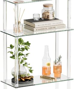 Mesa Auxiliar Cristal Transparente 3 Capas Salon Dormitorio LET523TR | Mesa de Centro Cristal|Diseño Estrecho y Transparente|Ahorra Espacio en Salas Pequeñas|3 Niveles de Almacenamiento