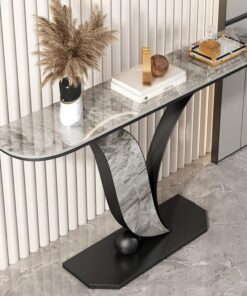 Mesa consola decorativa moderna de hierro en color dorado y negro con tablero de losa de piedra, patas con forma de hoja, mesa auxiliar estrecha para sofá, ideal para la entrada(Black 2,80cm/31.4in)
