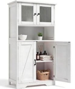 Garvee Muebles de Cocina, Armario de Almacenaje, Armario Aparador, con Puertas de Cristal y Estantes Ajustables, para Salón y Cocina 59.94 * 29.97 * 128.02 cm(Blanco)