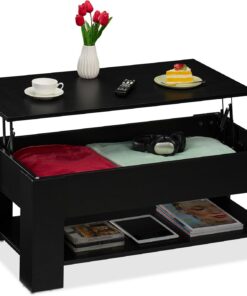 Relaxdays Mesa de Centro Elevable, Mesita Sofá con Almacenaje y Balda, Mesilla Salón, 42x98x50 cm, Negro