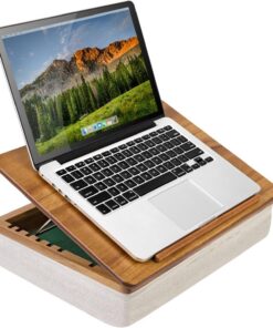 ROSSIE Home Escritorio de regazo con caballete de madera de acacia, natural, se adapta a portátiles de 15.6 pulgadas | Soporte ajustable para laptop de 7 niveles, estación de trabajo portátil con almacenamiento abierto